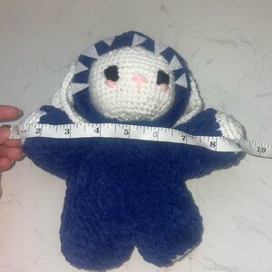 Blue and white crochet bunny with shark hoodie